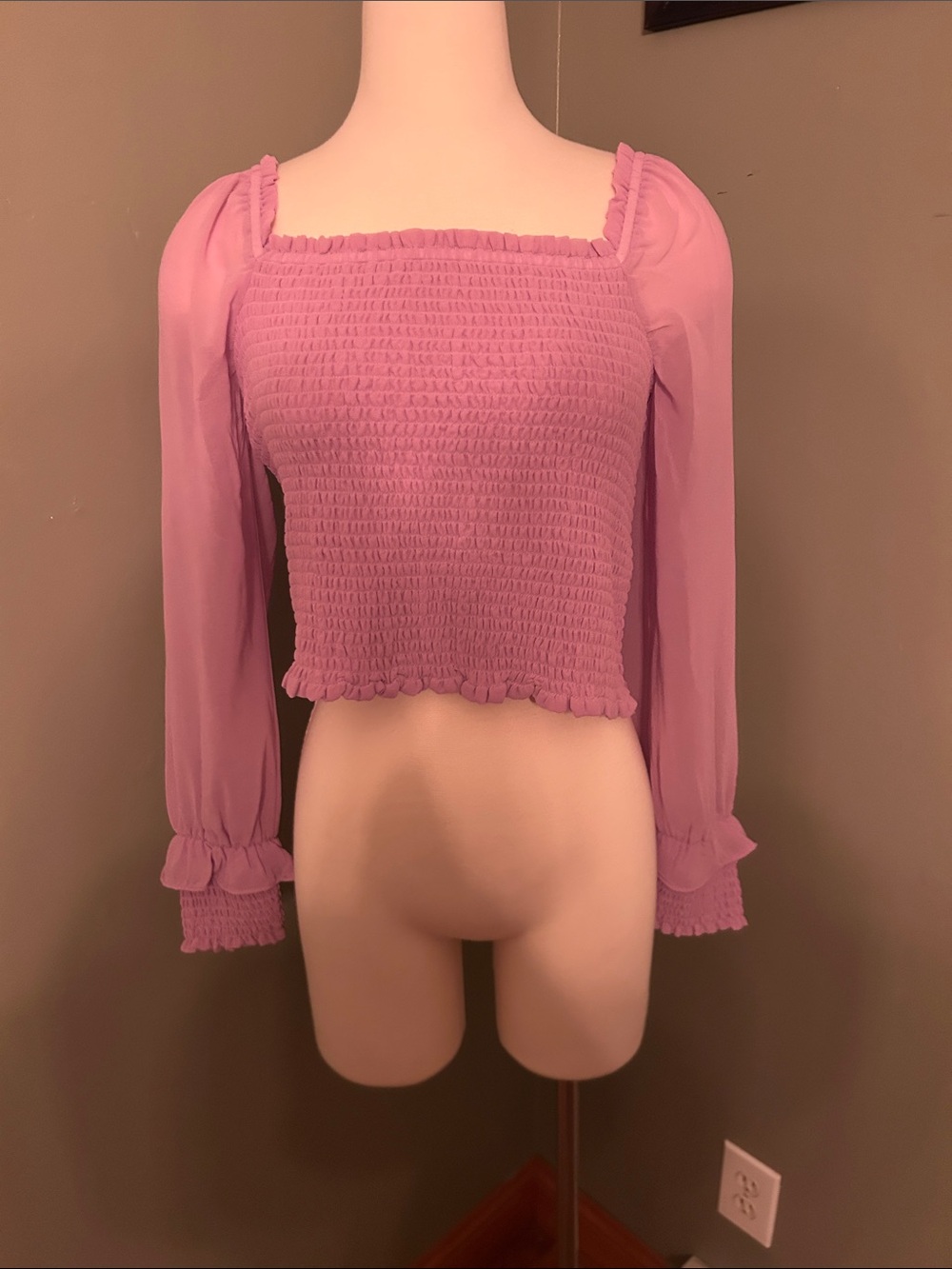 1. State Lilac Smocked Square-Neck Long-Sleeve Crop Top